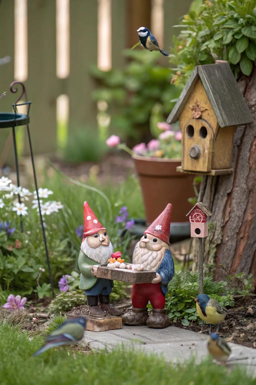 Welcome birds with gnomes and their tiny birdhouses.