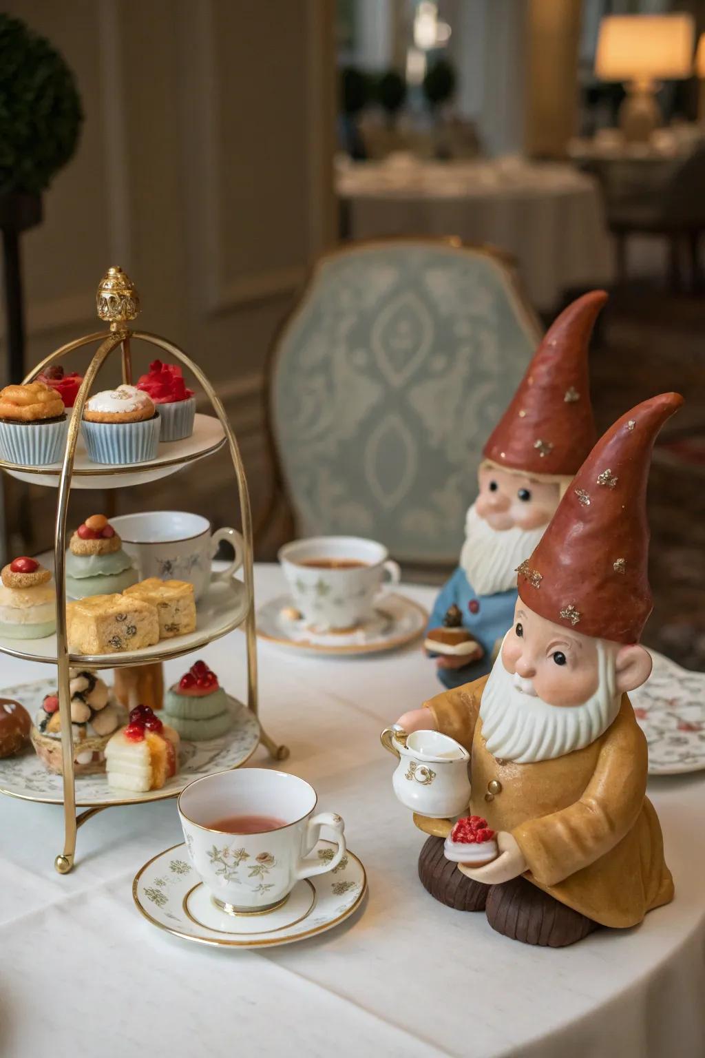 Enjoy a charming tea time with gnomes and their tea sets.
