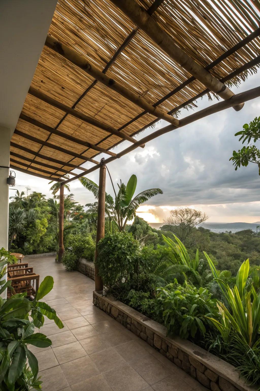 A bamboo roof brings a tropical feel to any patio.
