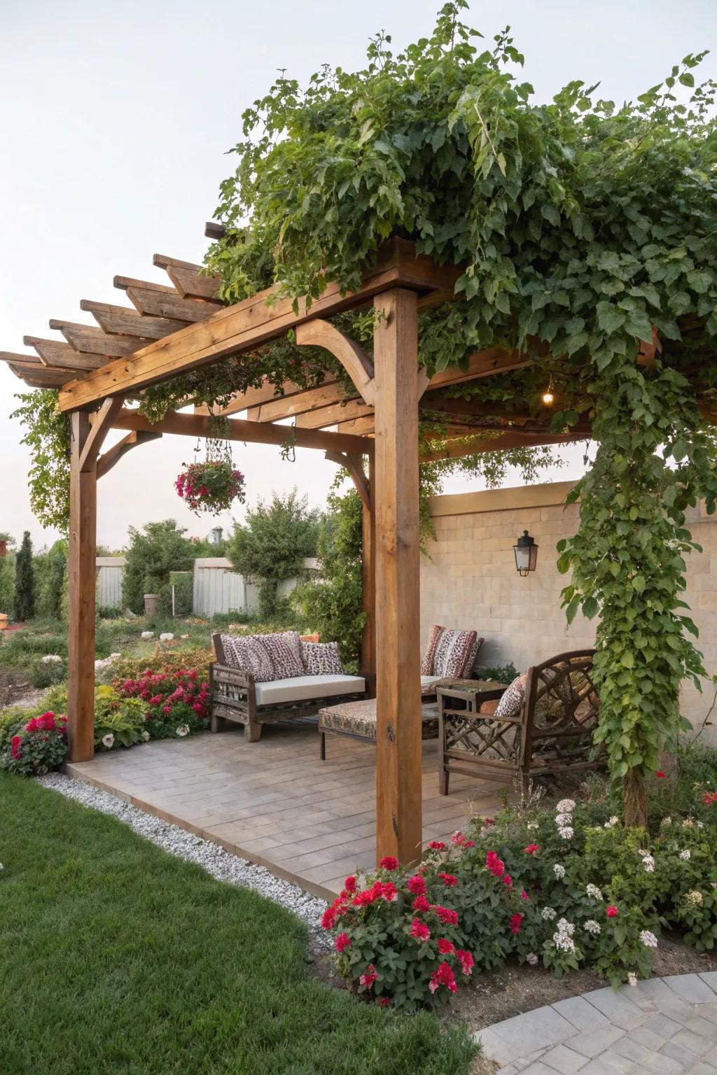 A classic wooden pergola adds charm and shade.