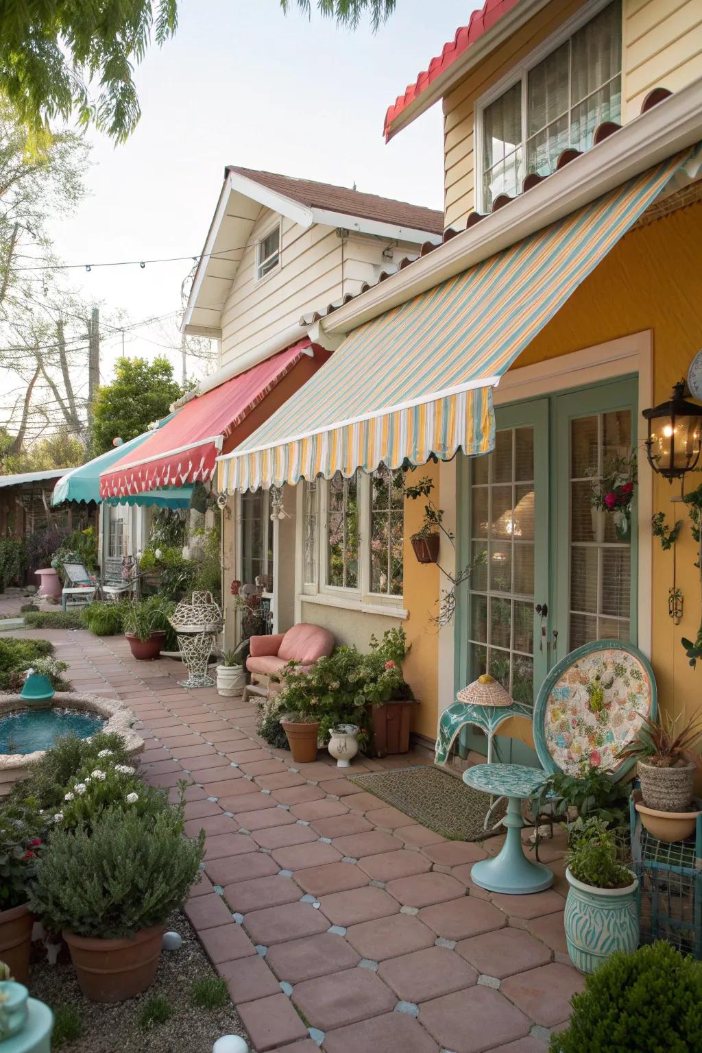 Vintage shutters repurposed as unique awnings.