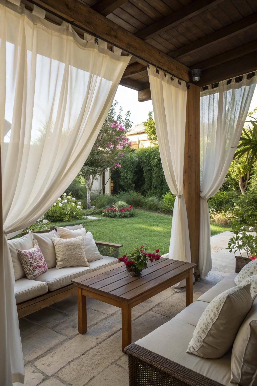Outdoor curtains add elegance and shade.
