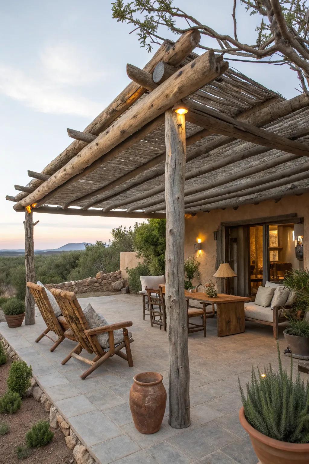 Log awnings bring rustic charm to outdoor spaces.