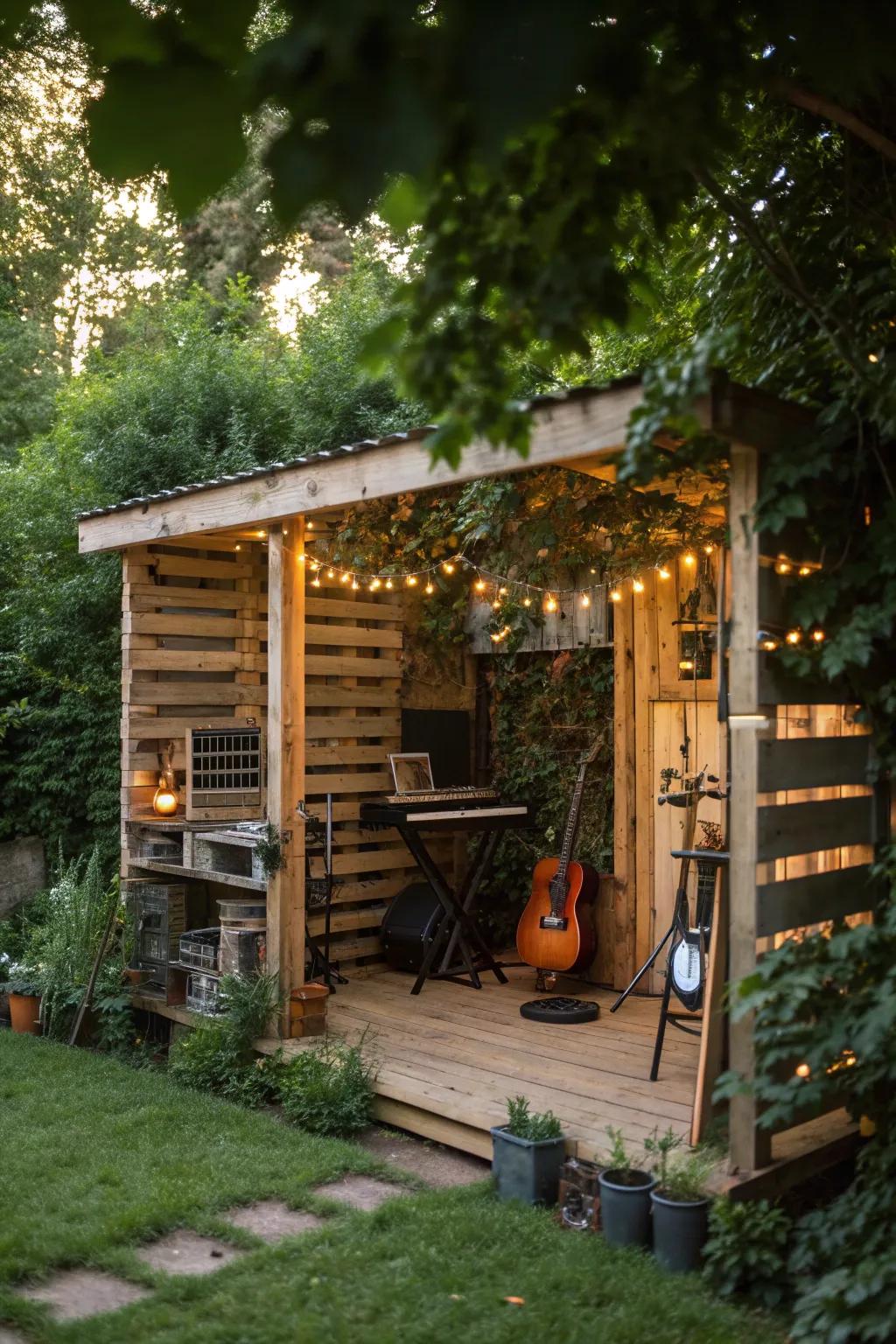 A music studio crafted from pallets for musical pursuits.