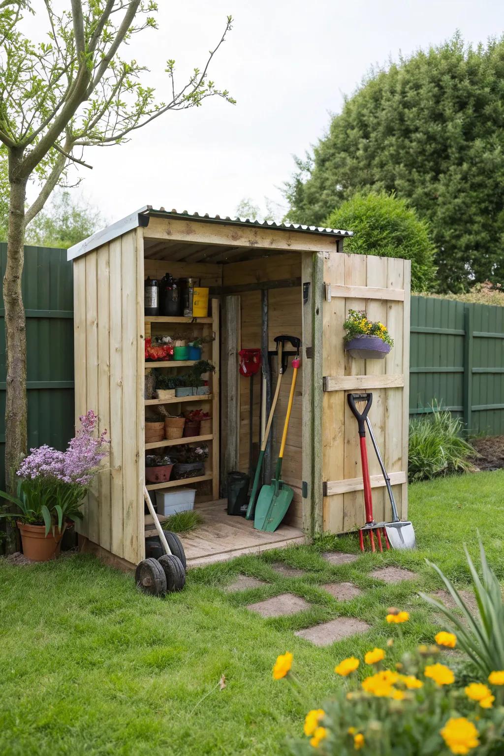 A simple pallet shed perfect for organizing garden tools.