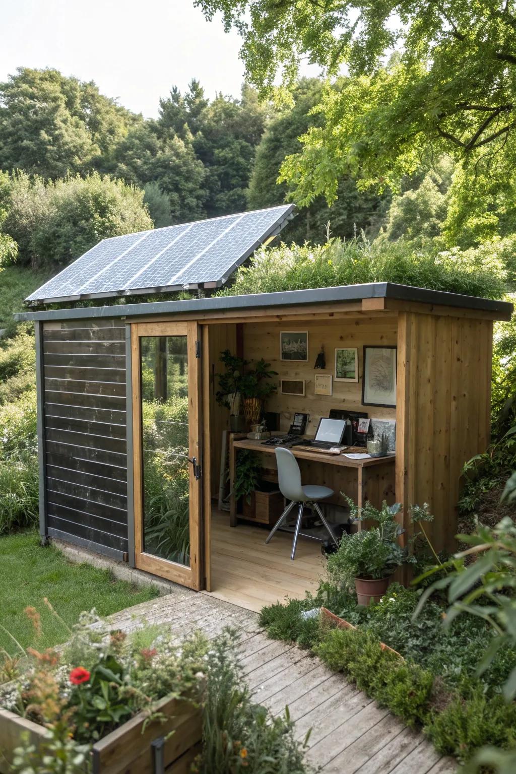 An eco-friendly office crafted from pallets for sustainable work.