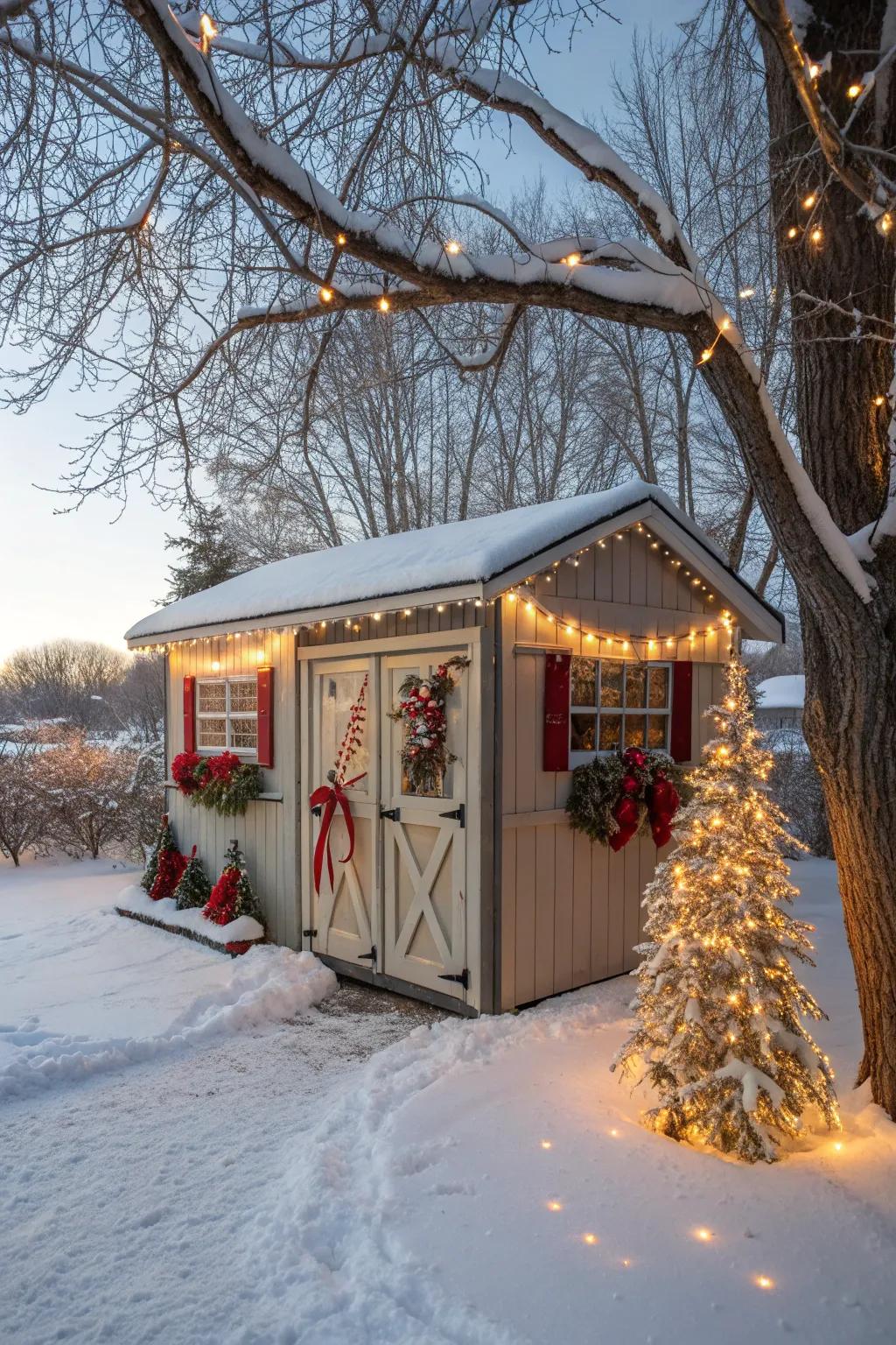 A winter wonderland shed made from pallets for festive celebrations.