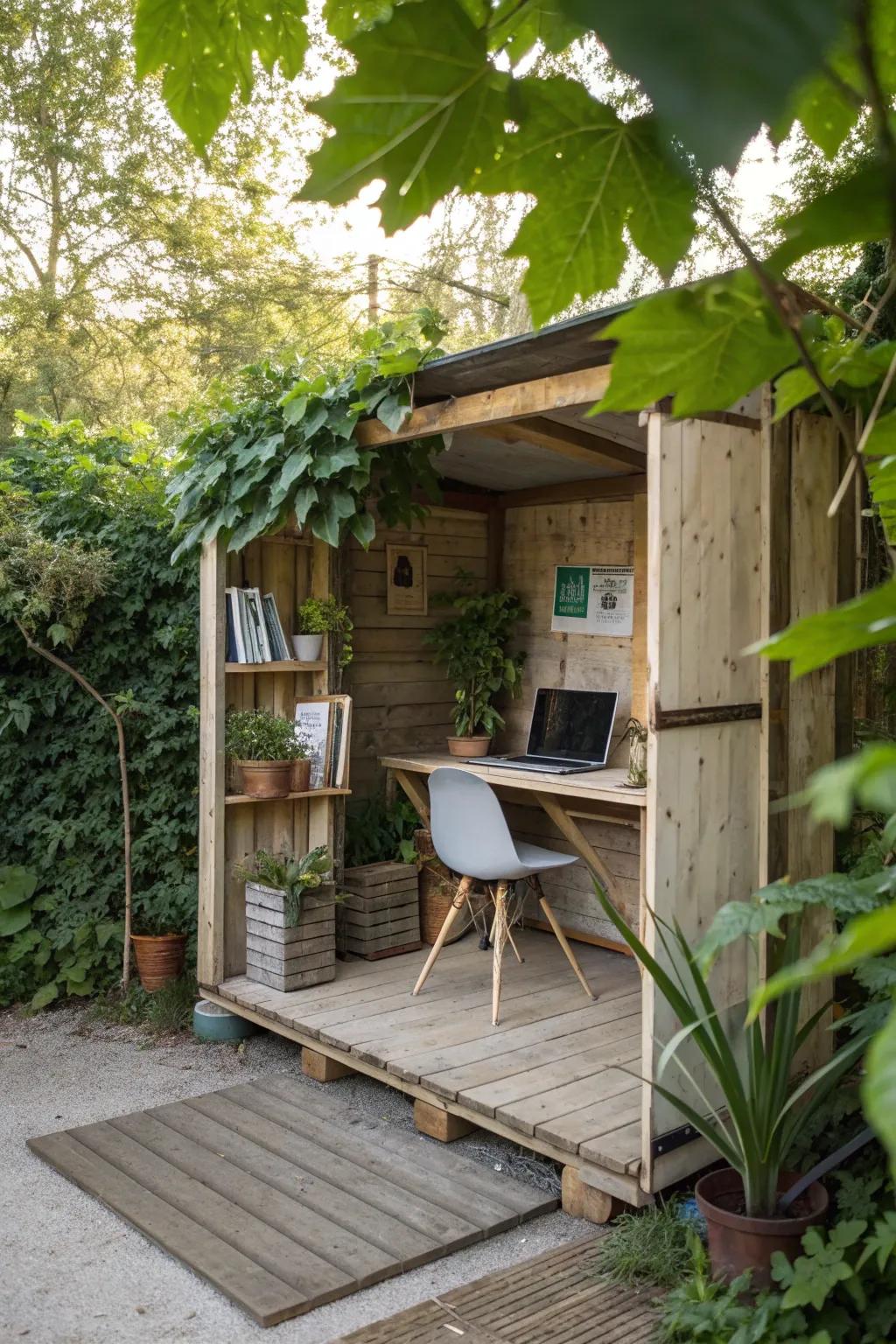An outdoor office oasis created from pallets.