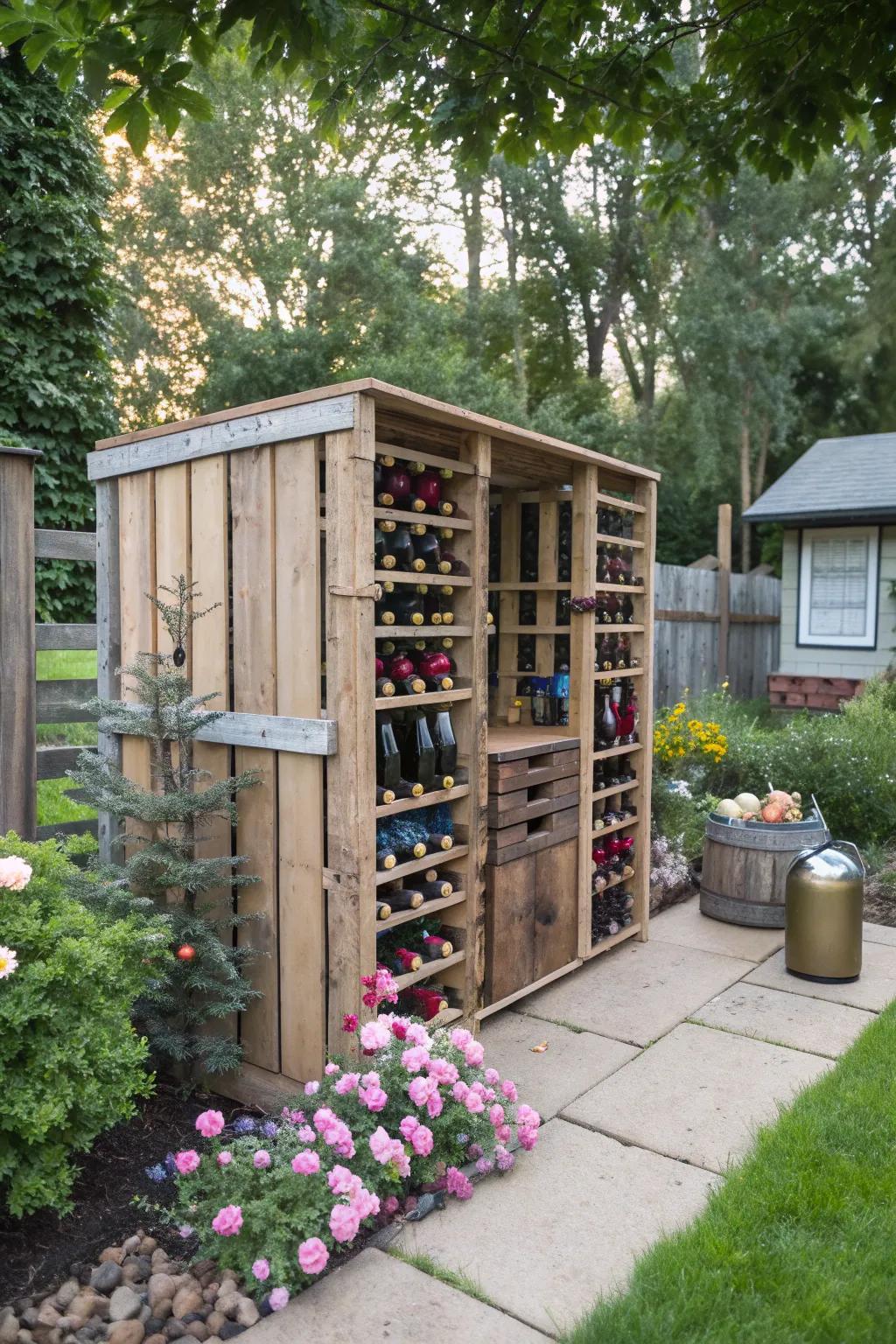 A wine cellar shed made from pallets for wine enthusiasts.