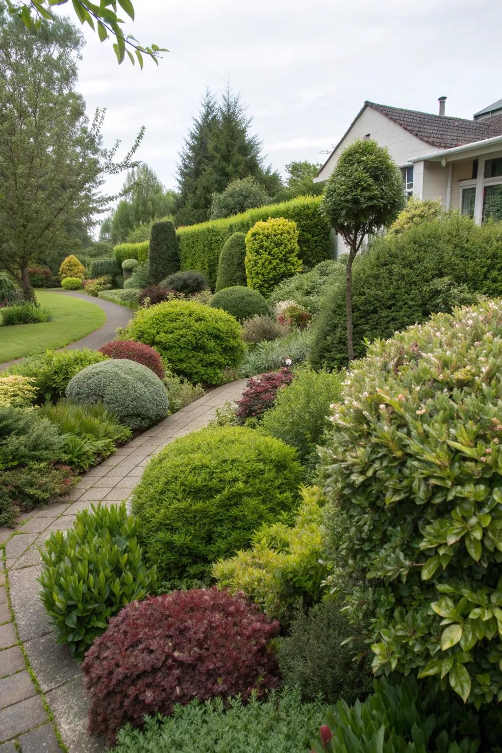 Shrubs and bushes provide structure and year-round greenery.