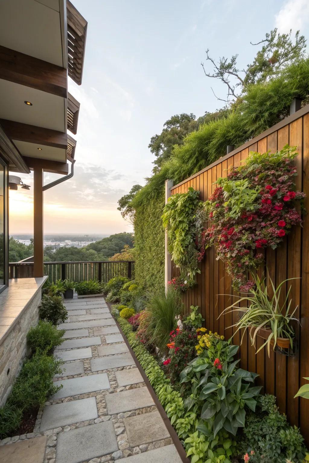 A small patio featuring a vibrant vertical garden.