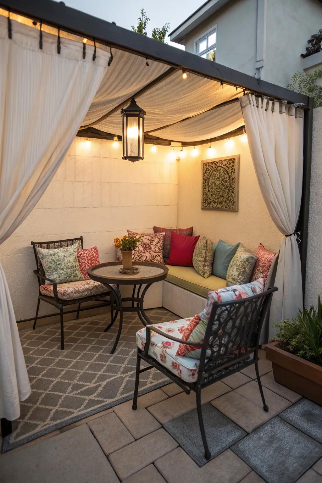 A small patio corner with comfortable seating and colorful cushions.