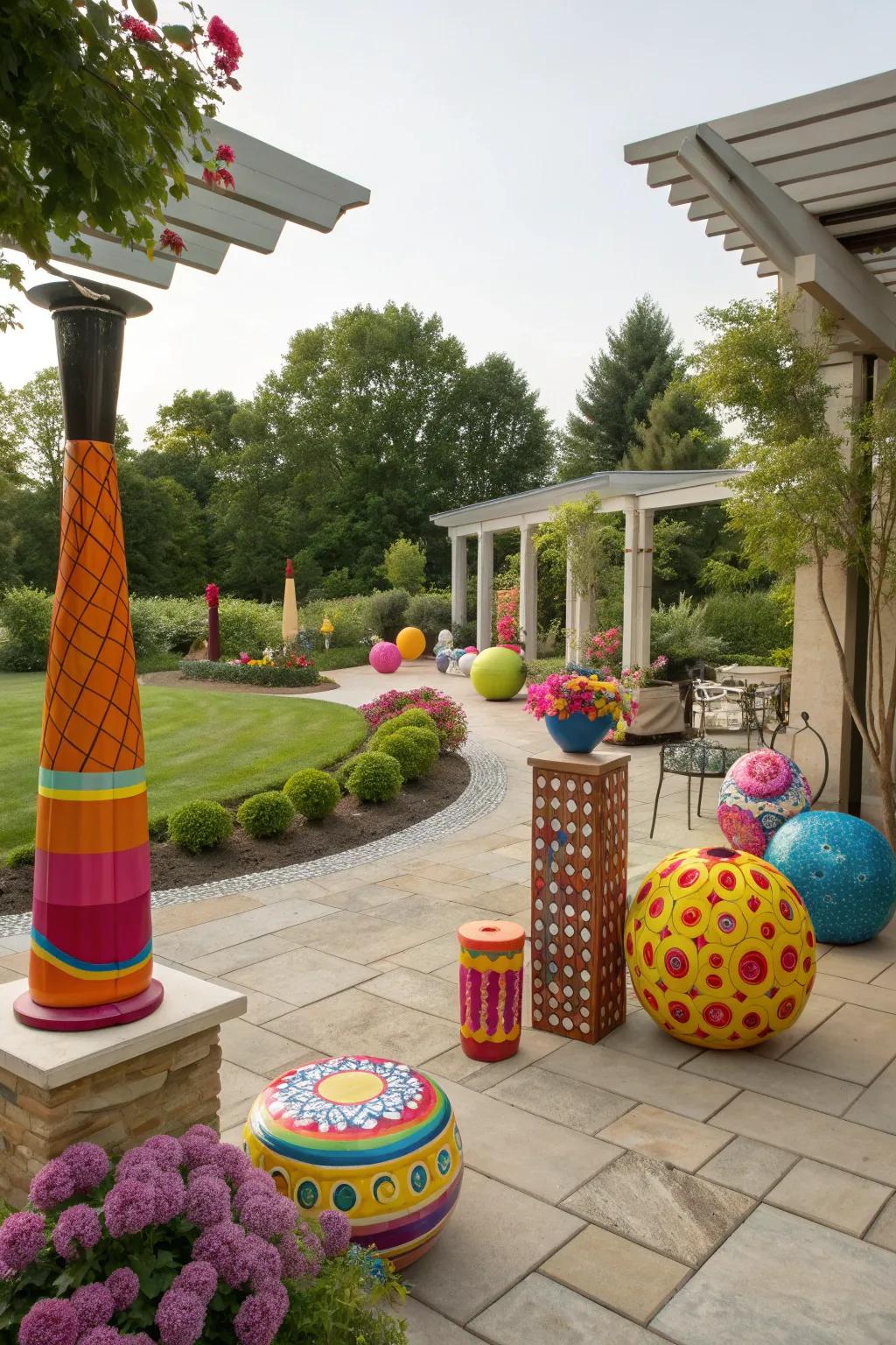 A patio featuring colorful outdoor art.