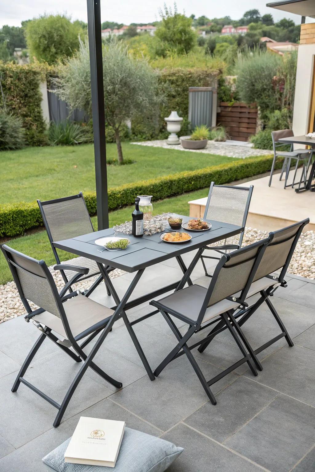 A versatile patio with folding furniture.