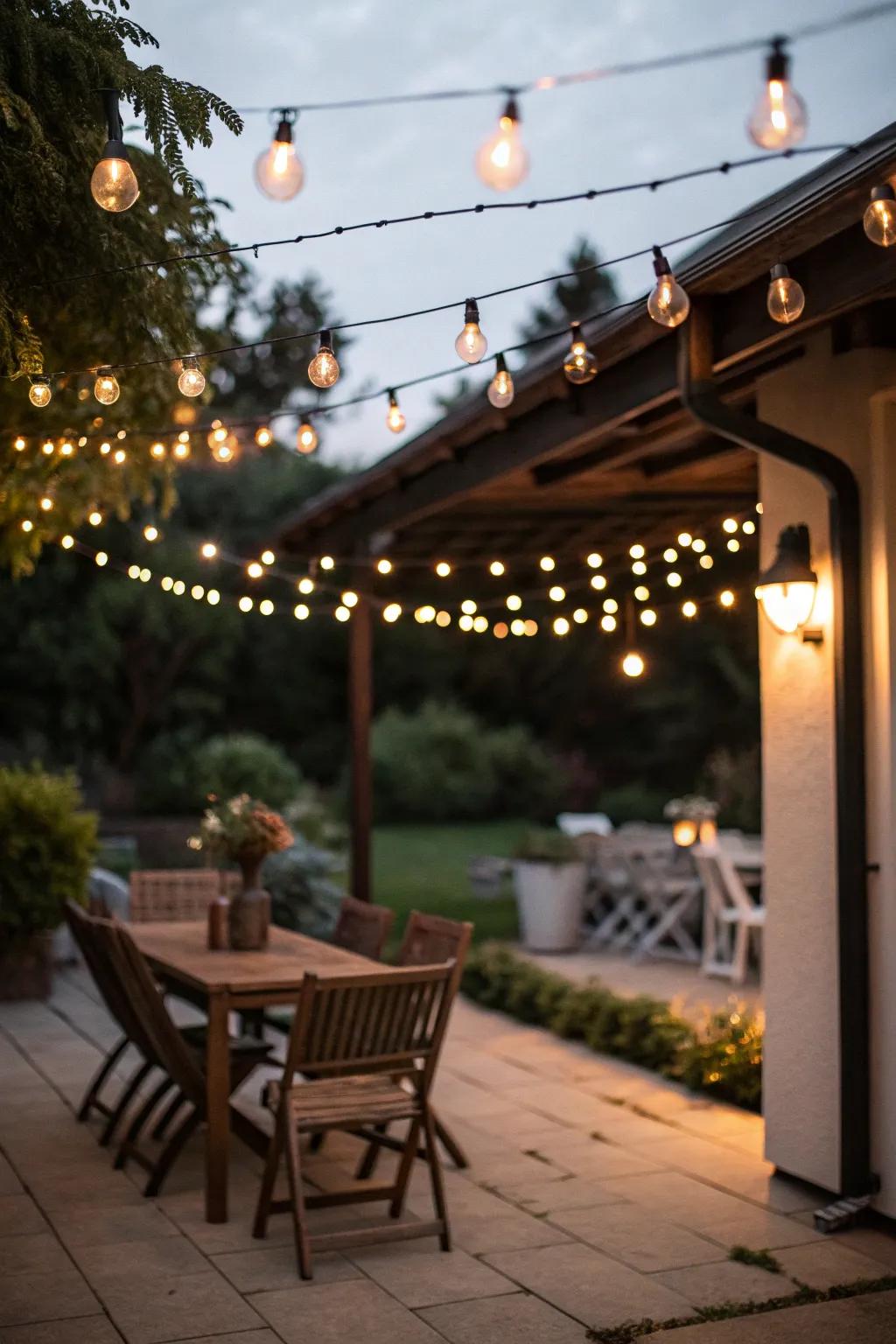 A patio illuminated by enchanting string lights.
