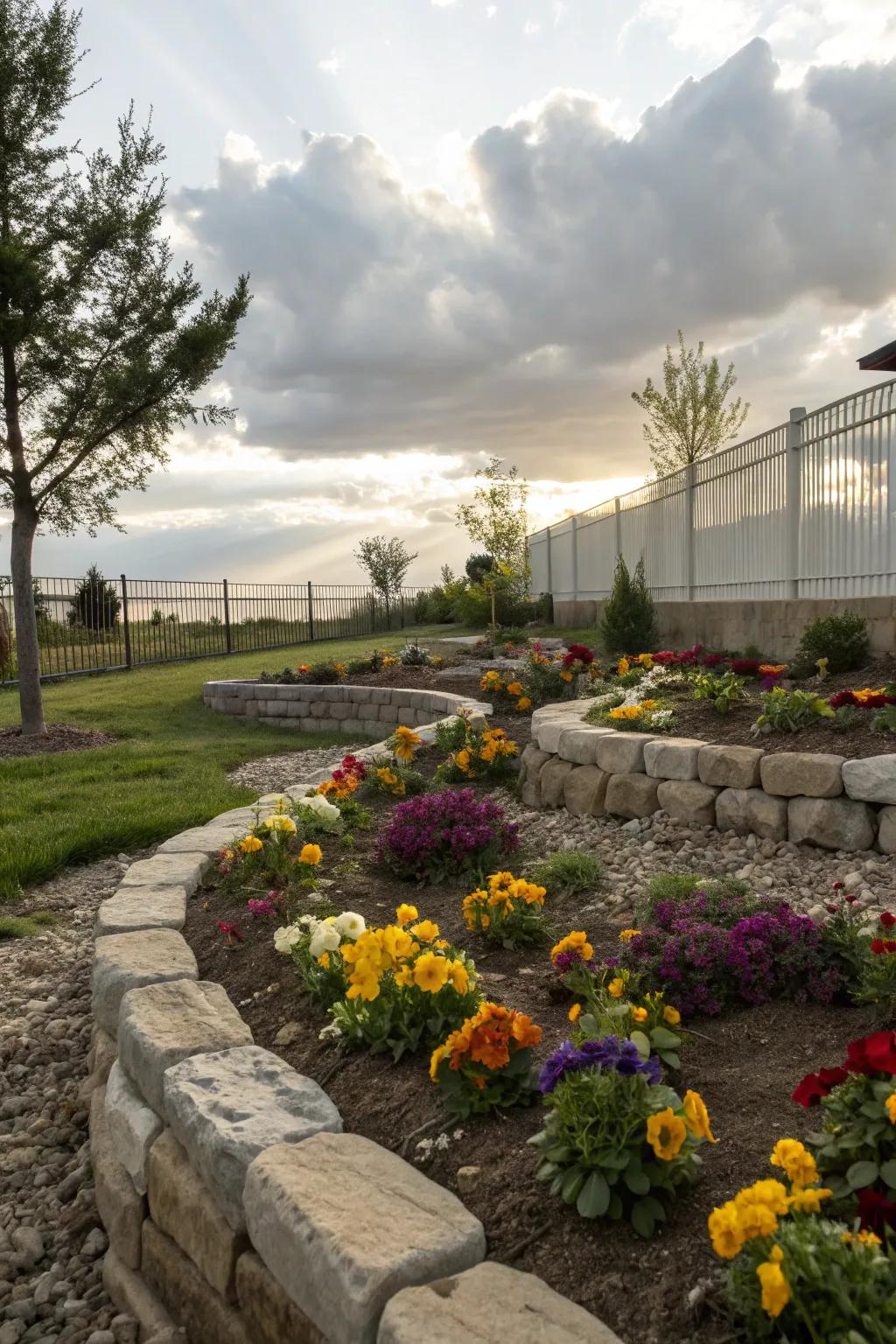 Decorative stone borders elegantly outline a vibrant garden bed.