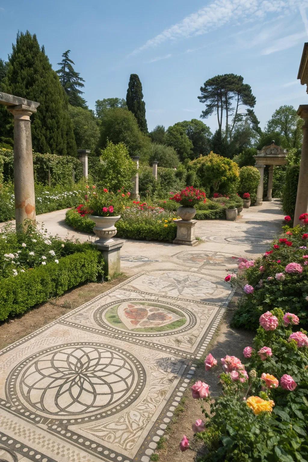 Intricate stone patterns create an artistic focal point in a small garden.