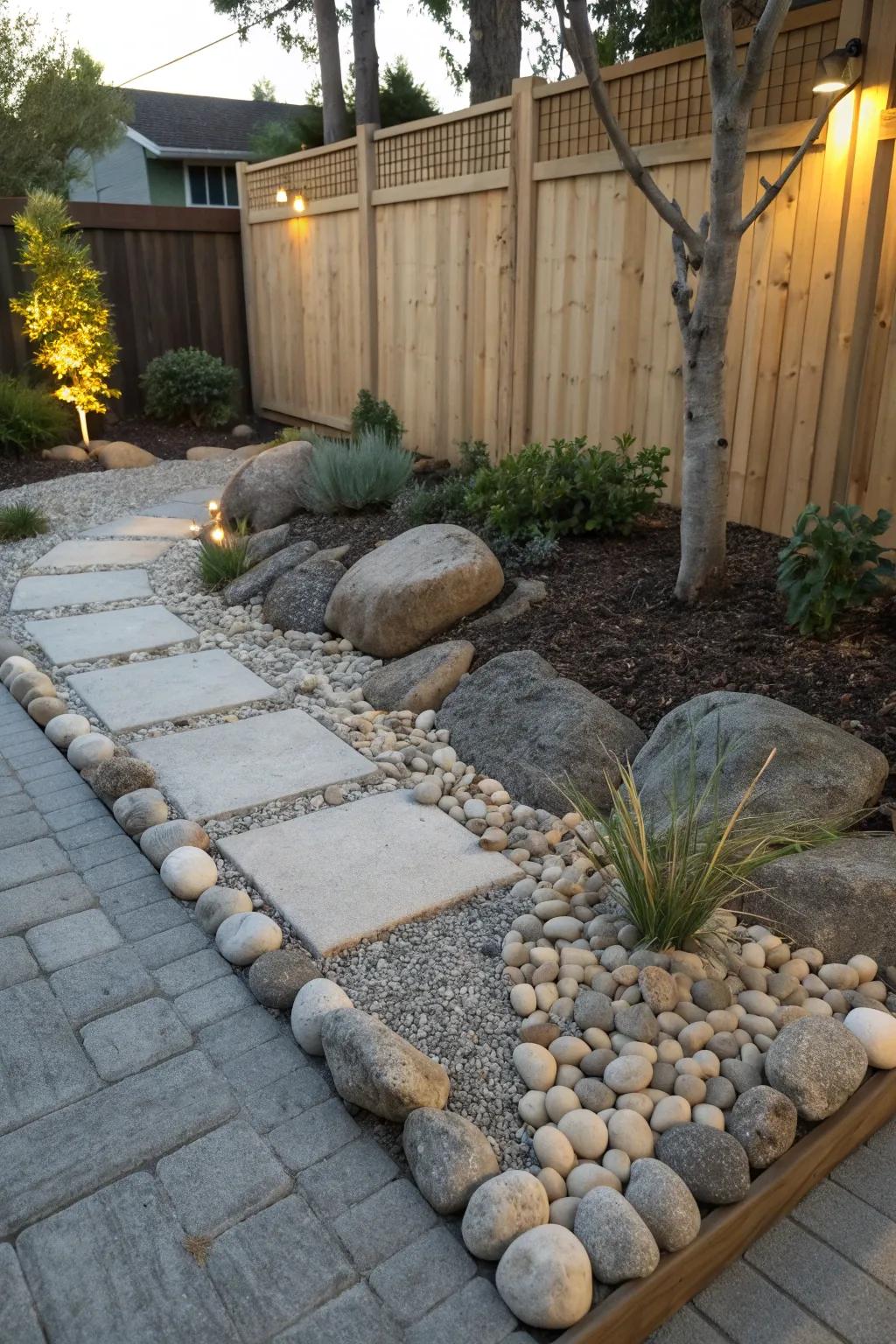 A neat stone and gravel corner adds style and simplicity to a small space.