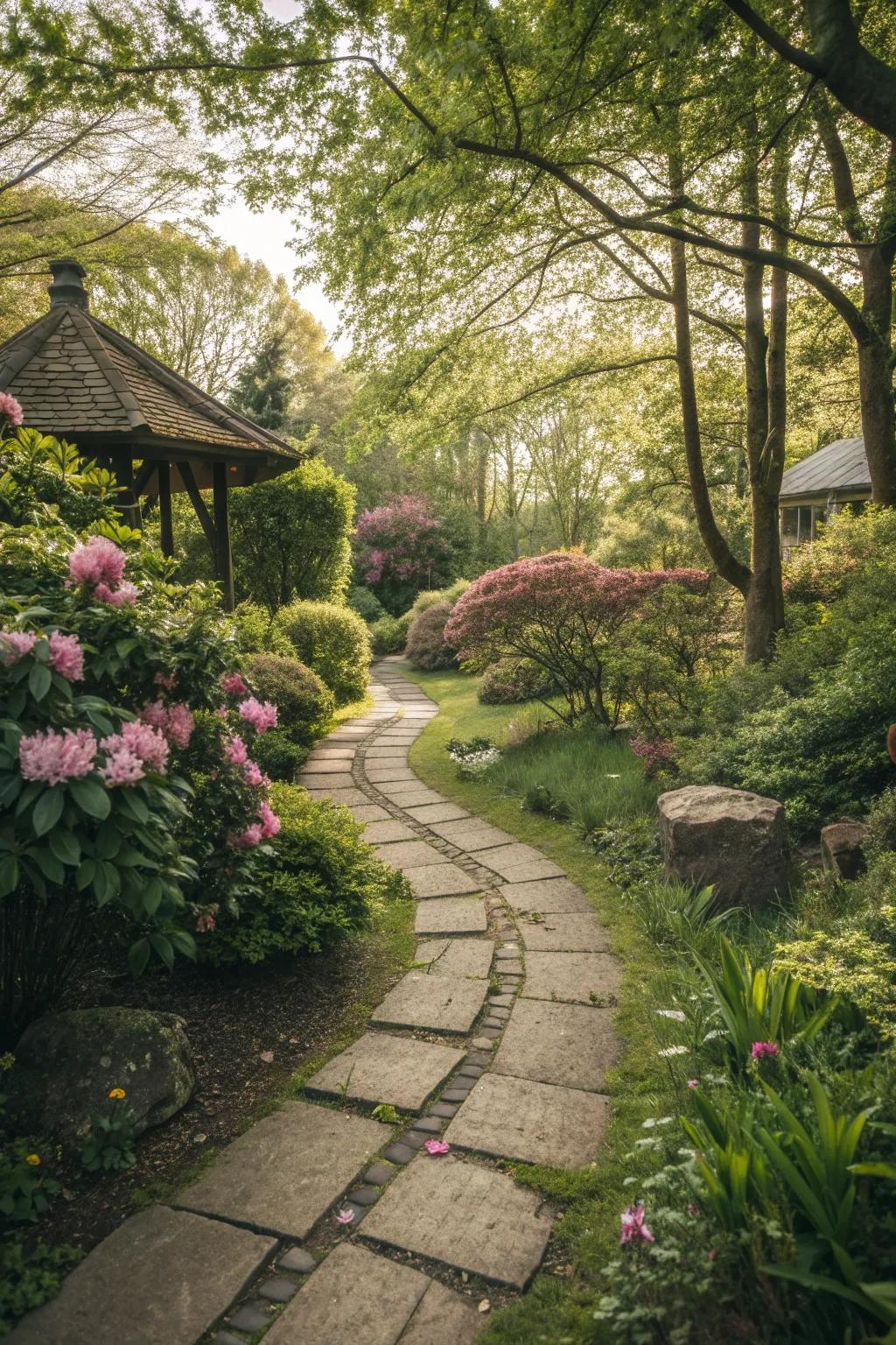 A winding stone pathway adds charm and direction to a small garden space.