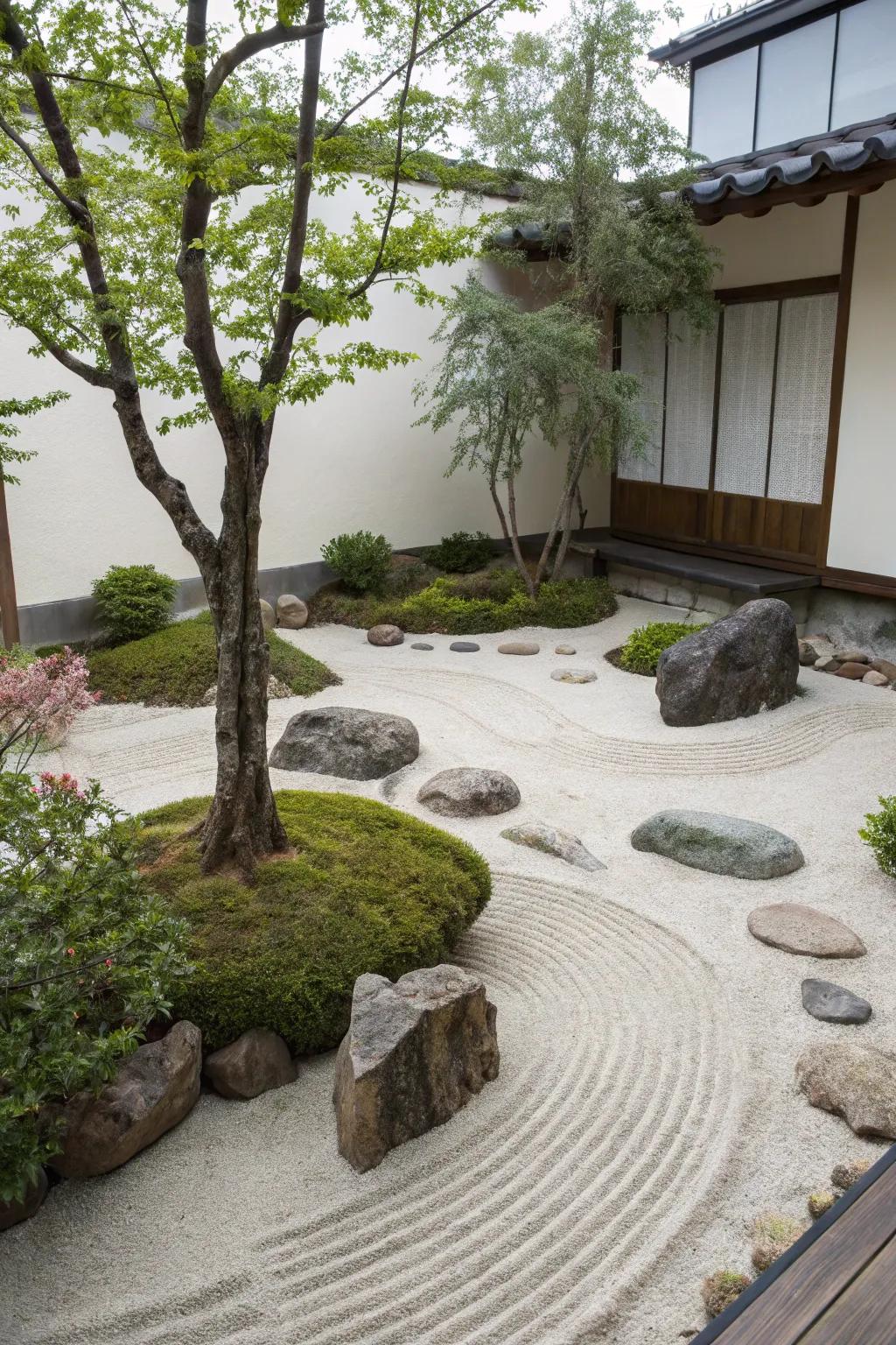 A serene Zen garden offers a peaceful retreat with minimalistic beauty.