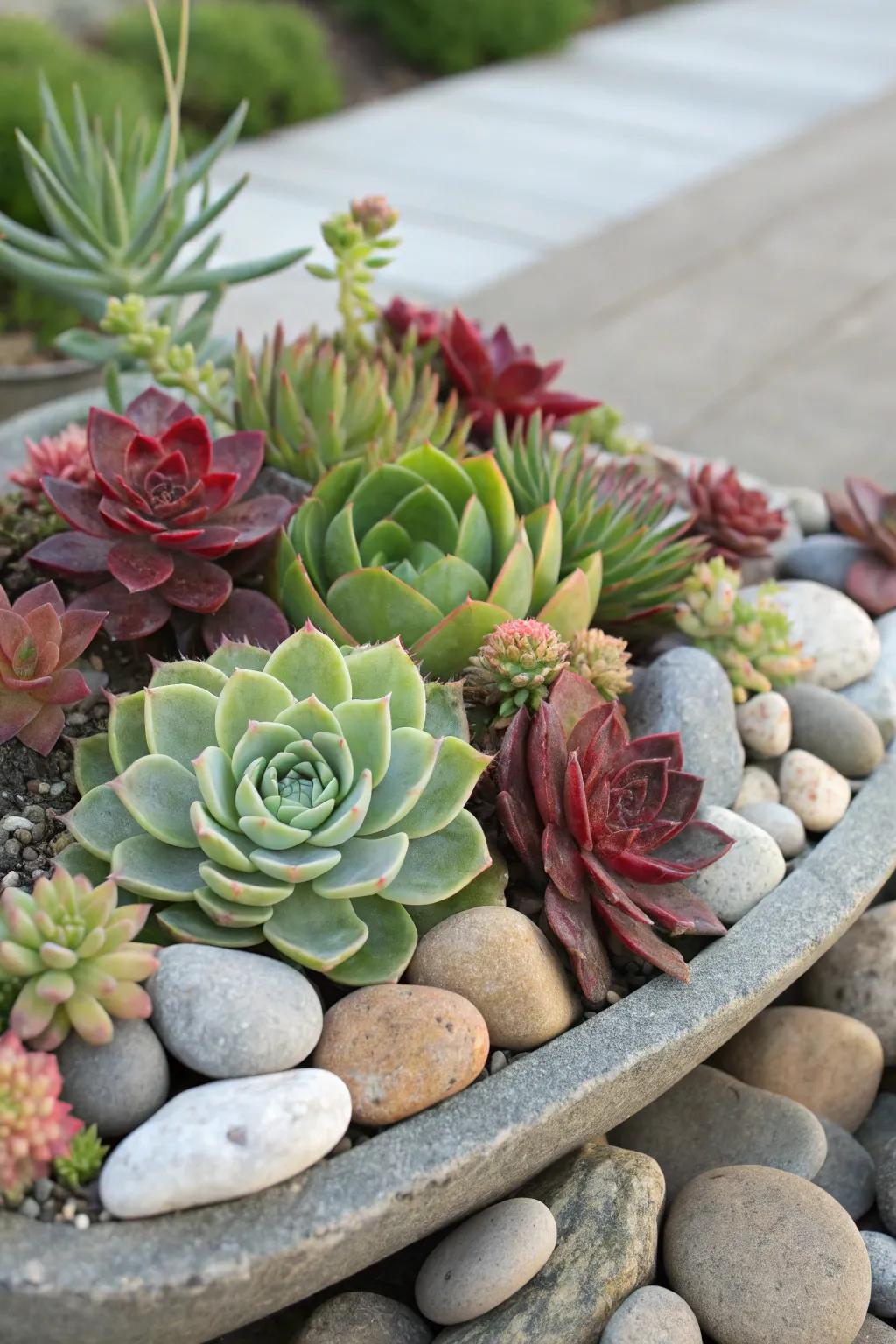 Succulents thrive among stones, creating a modern and low-maintenance garden.