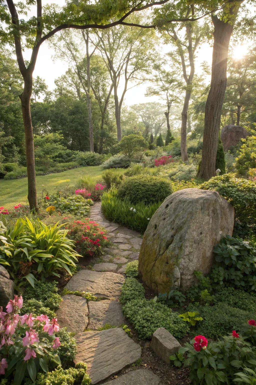 A large stone serves as a striking focal point in a lush garden setting.