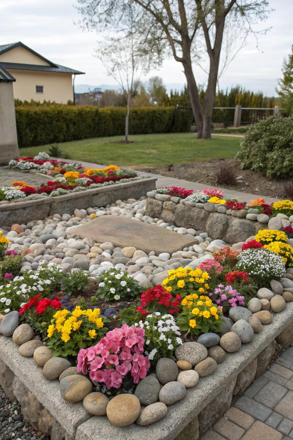 Stone frames add neatness and highlight the beauty of colorful flower beds.