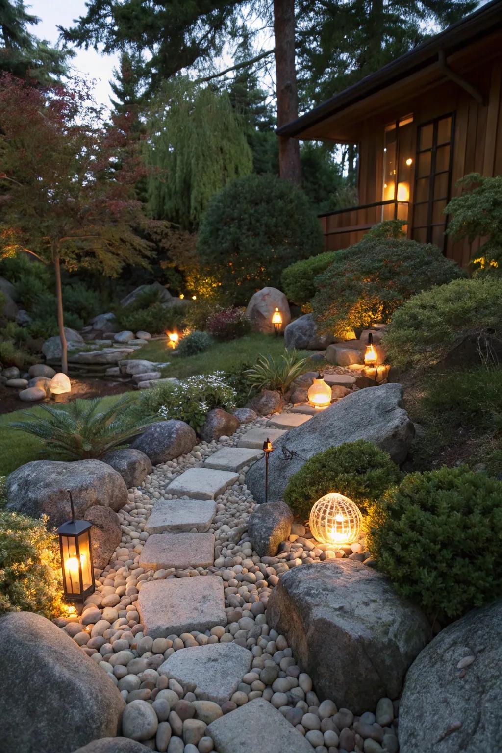 Decorative lighting among stones creates a magical nighttime garden ambiance.