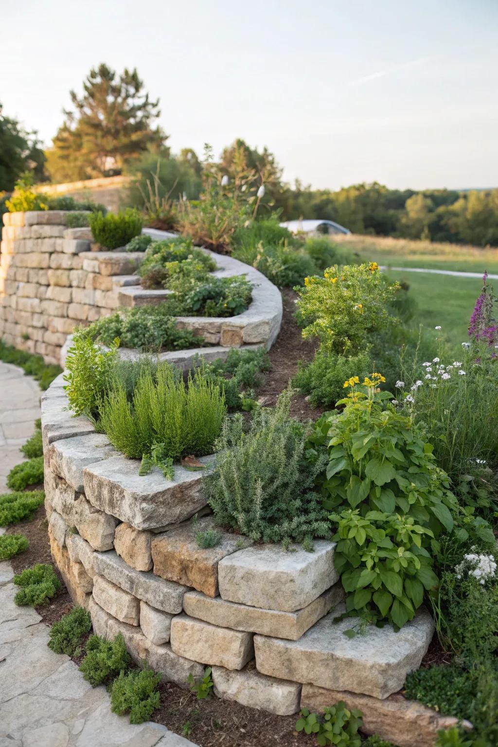 A stone spiral herb garden offers a unique and practical gardening solution.