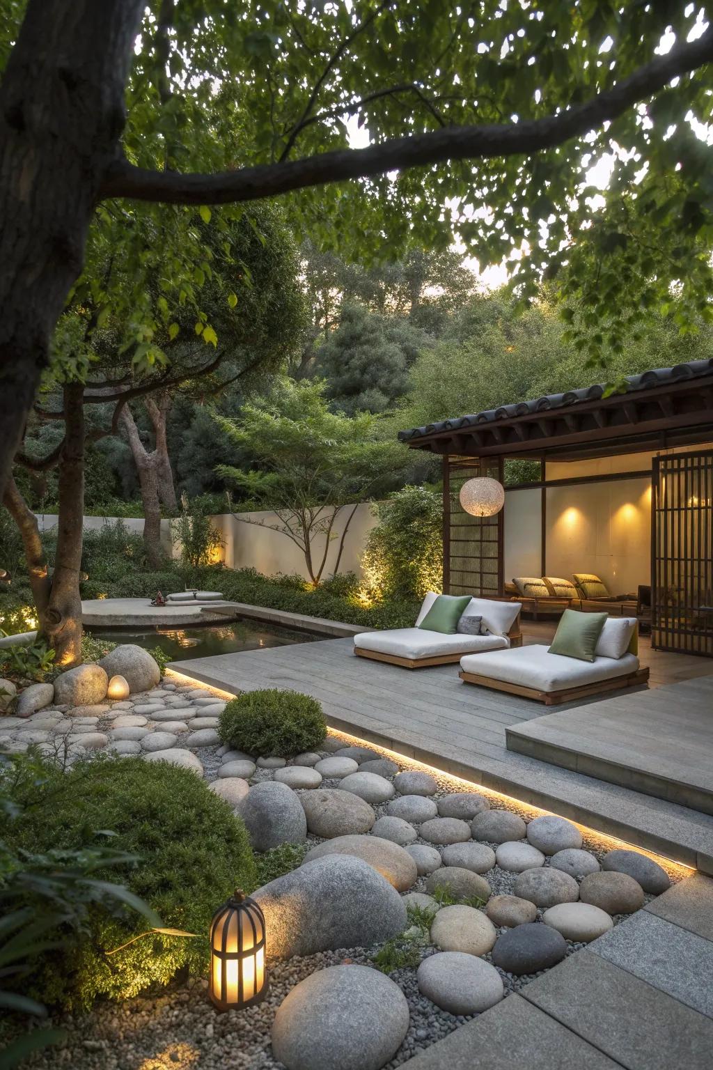 A stone meditation space offers a serene retreat for relaxation and reflection.