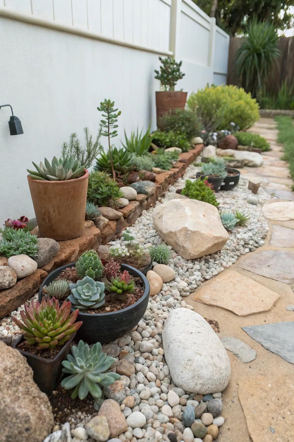 Succulents nestle among stones, creating a harmonious blend of textures.