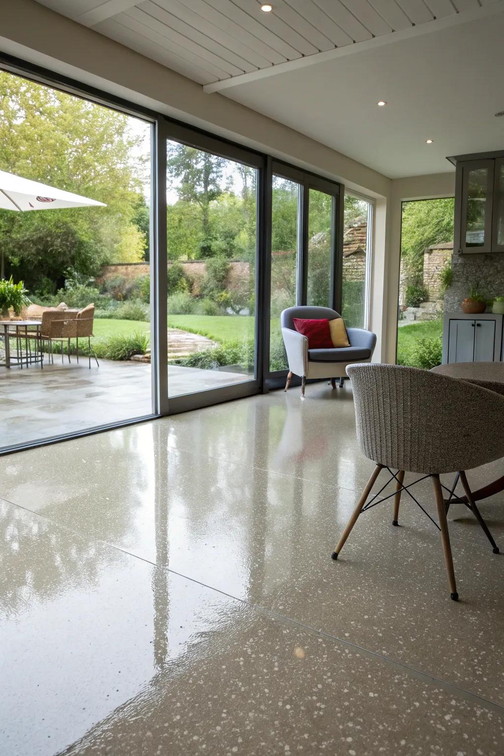 Subtle transitions enhance indoor-outdoor living with epoxy floors.