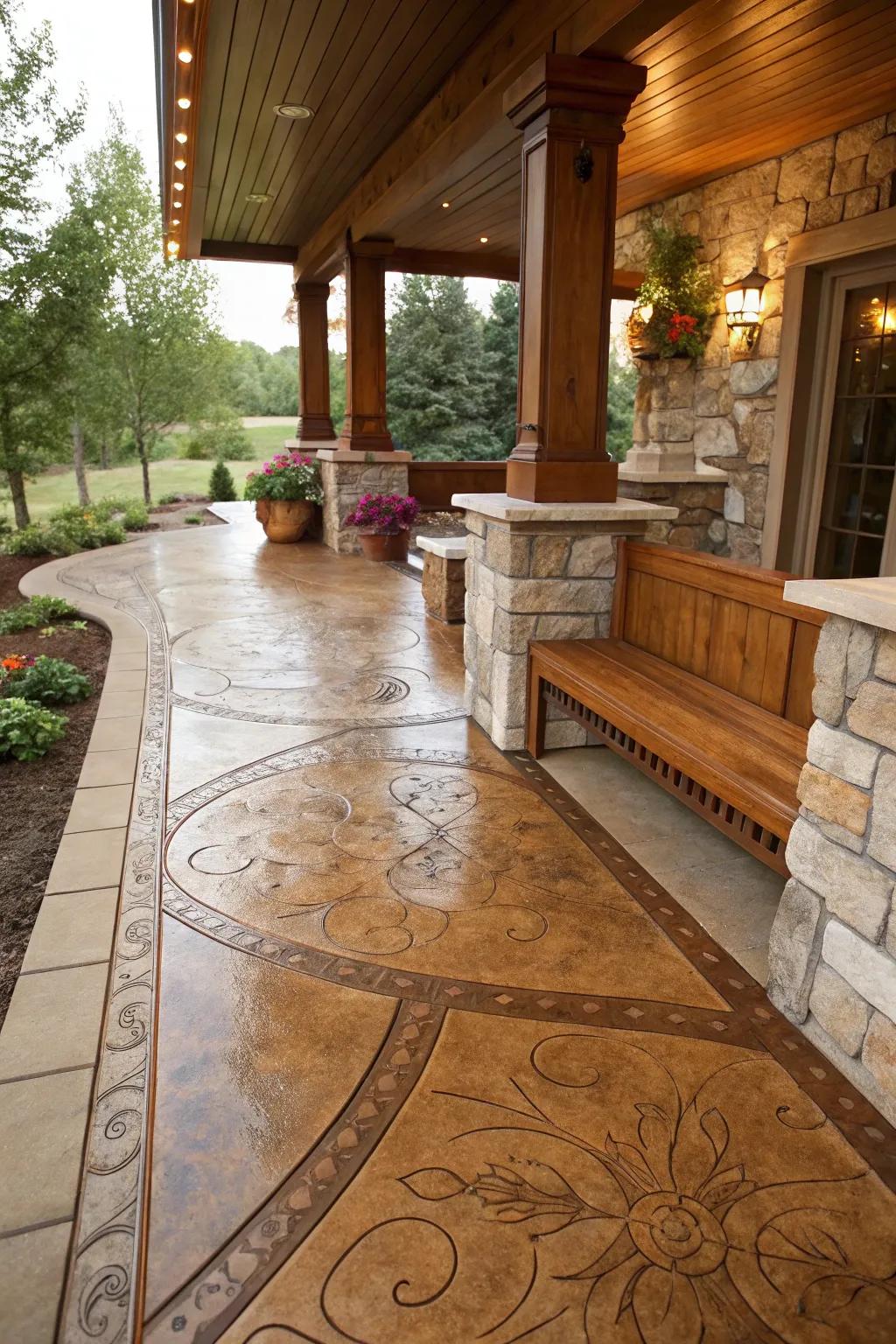 Combine epoxy with other materials for a textured, dynamic patio floor.