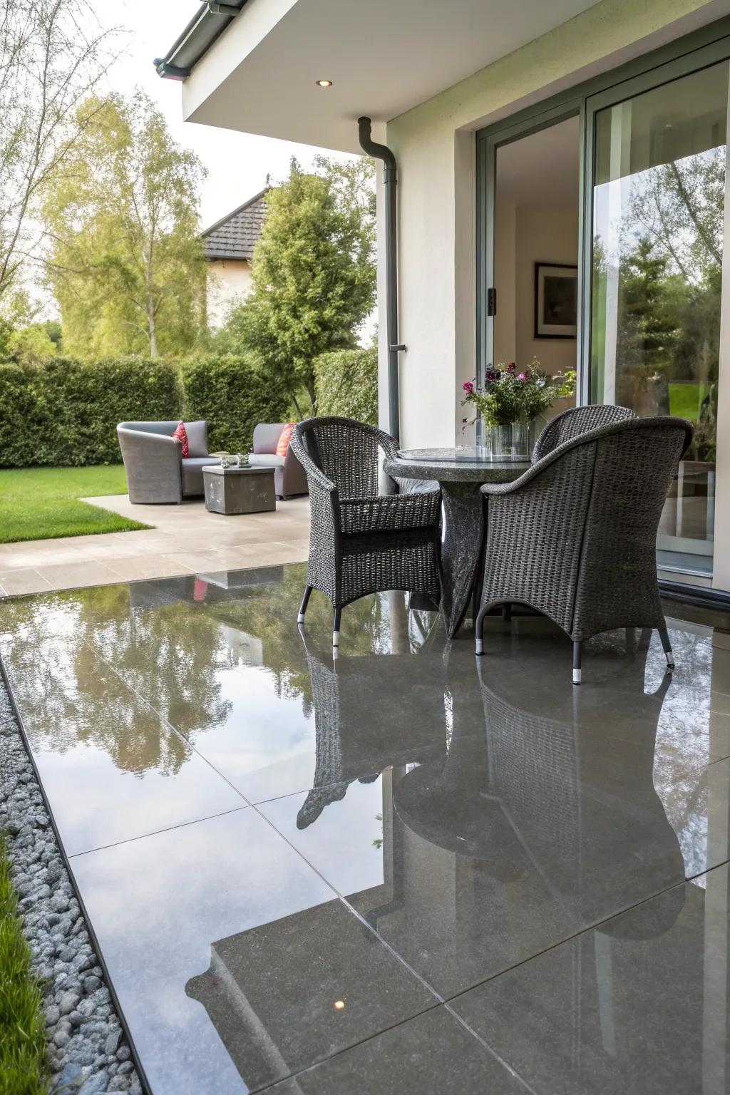 Reflective epoxy finishes create a sleek, modern patio aesthetic.