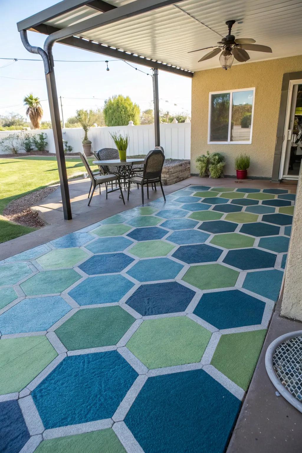 Geometric patterns add a modern twist to epoxy patio floors.