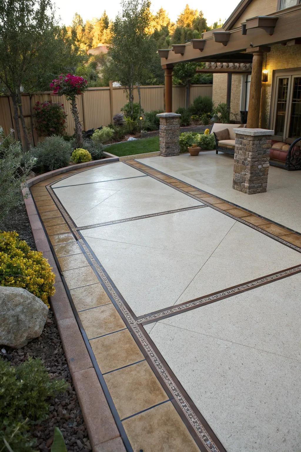 Decorative borders add an elegant touch to epoxy patio floors.