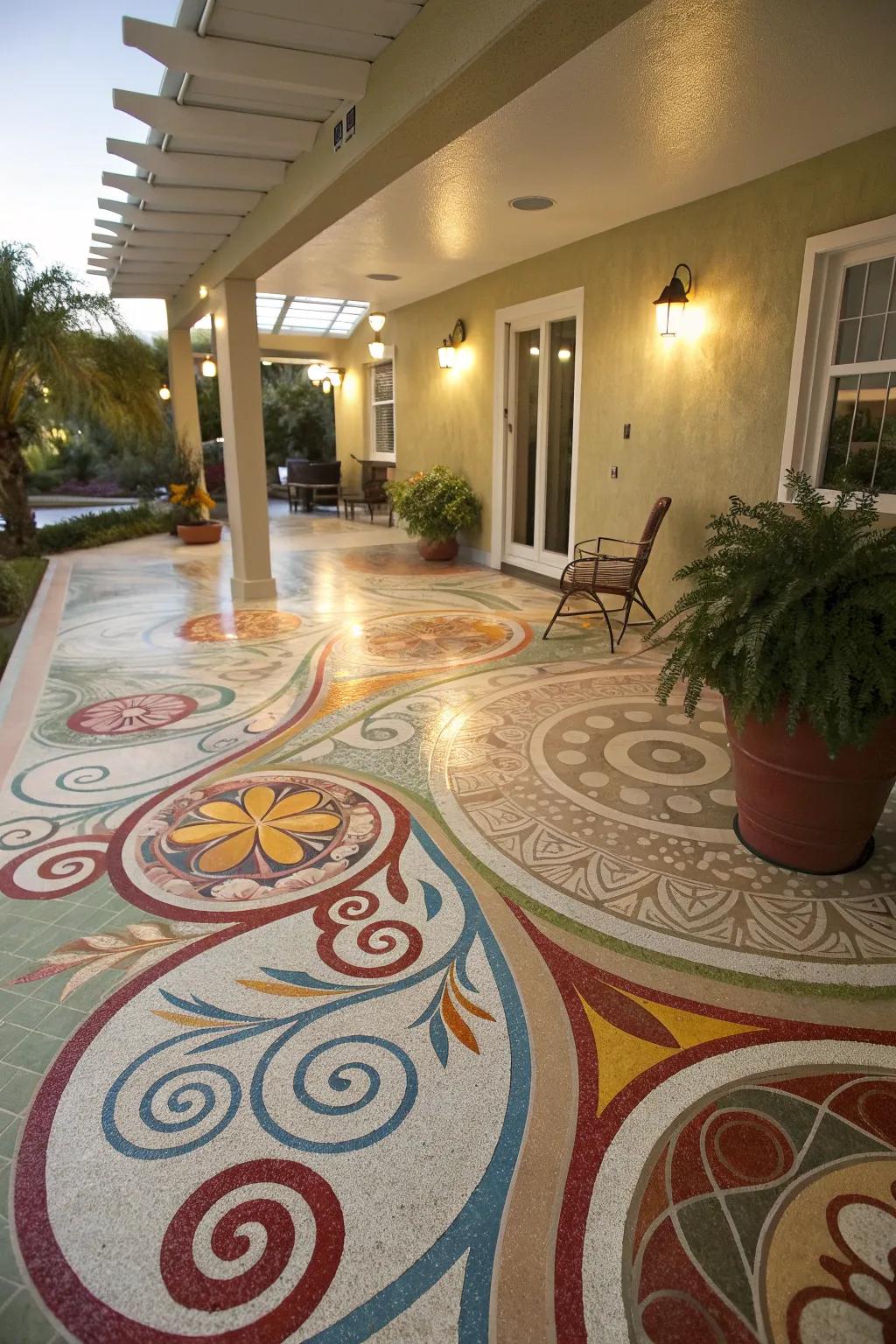 Artistic epoxy designs turn your patio into a unique masterpiece.