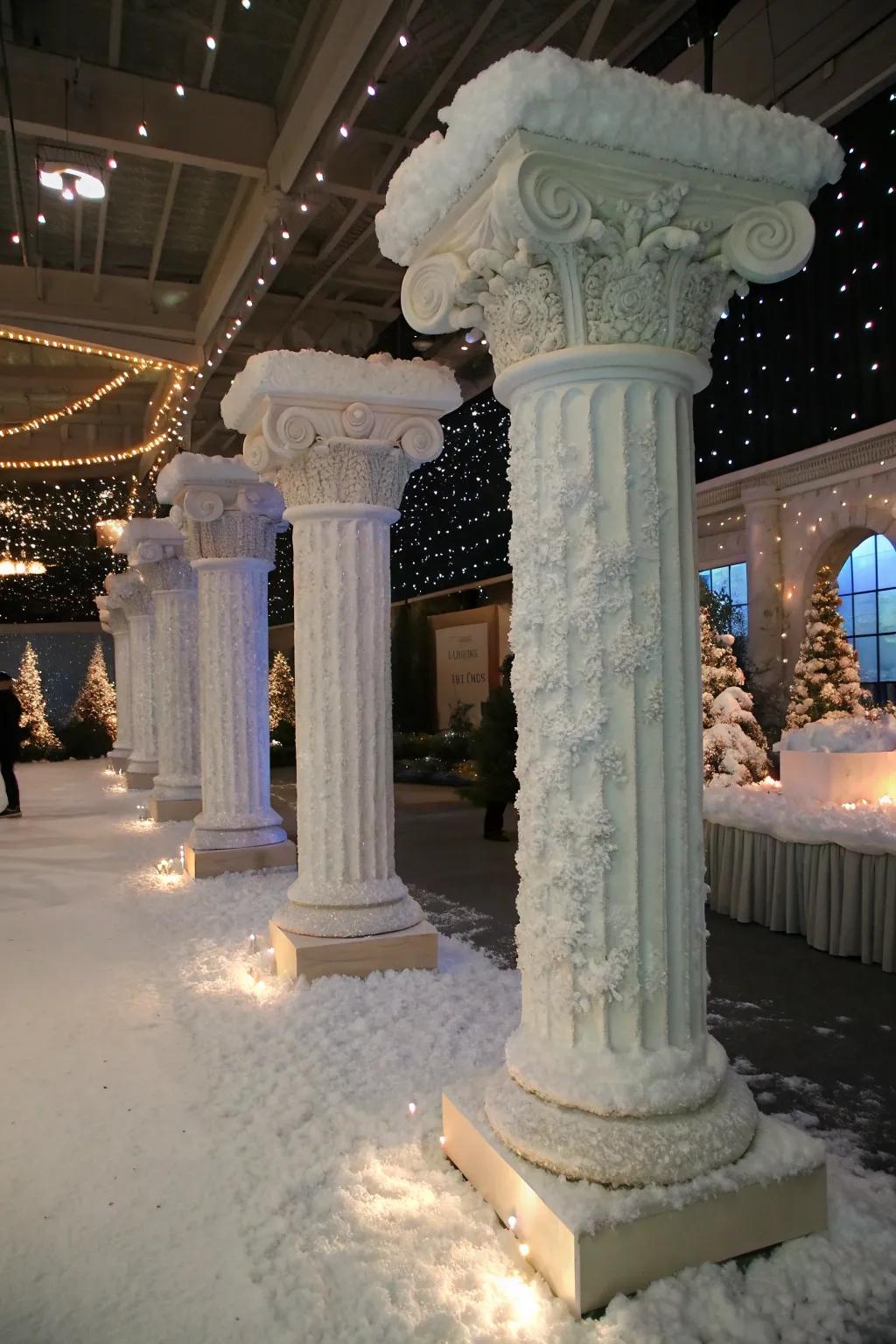A frosty touch with artificial snow creates a winter wonderland on these columns.