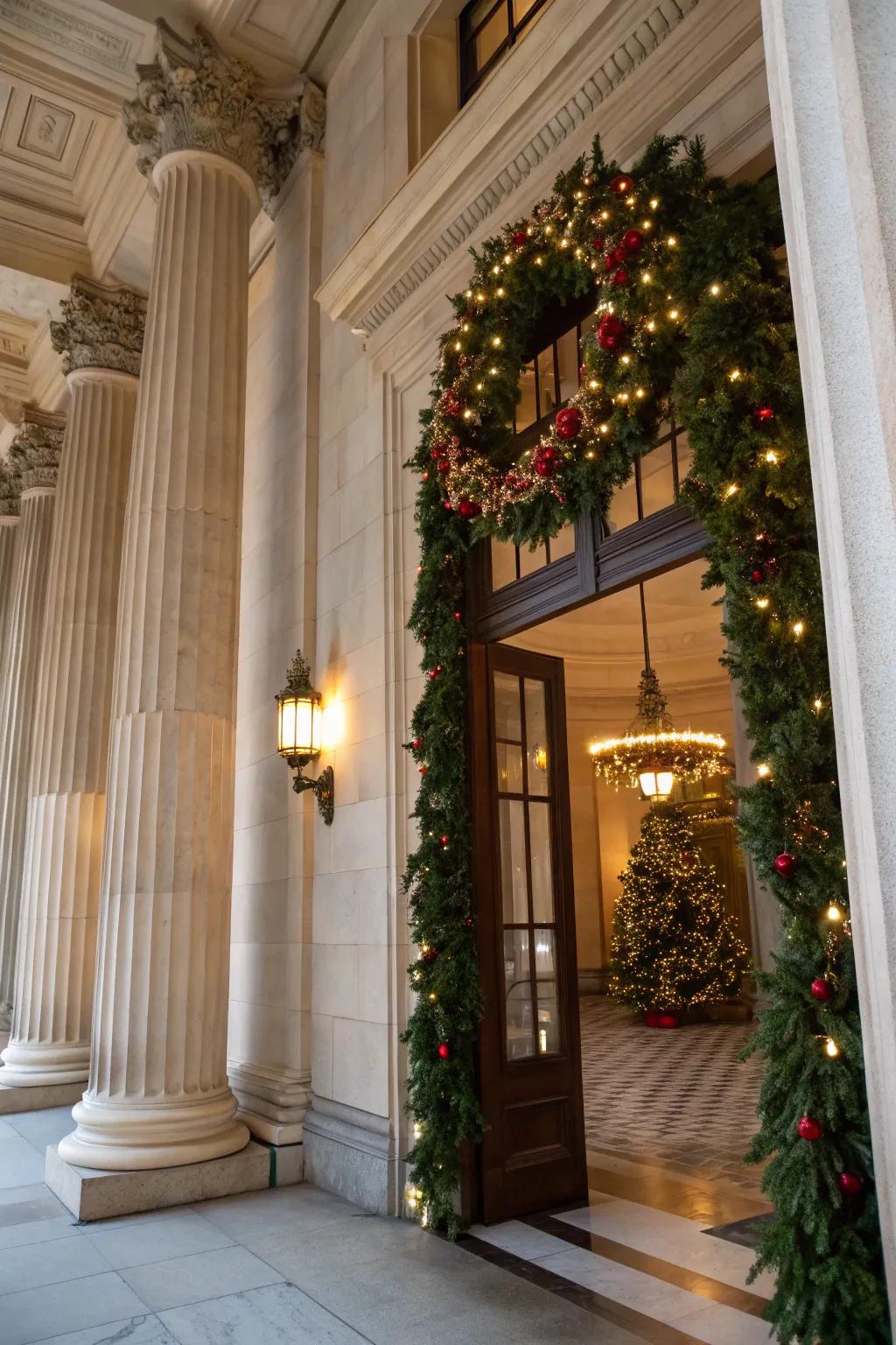 A harmonious holiday entryway with matching columns and wreath.