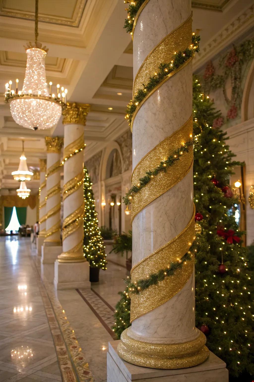 Glamorous gold accents add a touch of luxury to these Christmas columns.