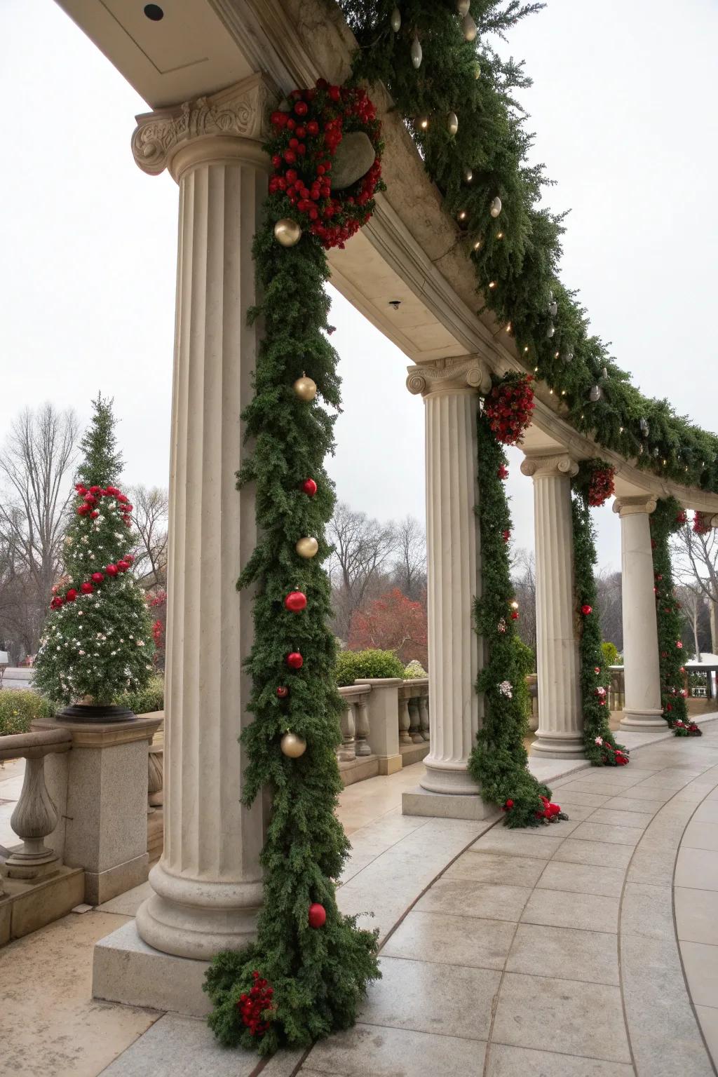 Columns dressed in classic greenery for a timeless Christmas aesthetic.
