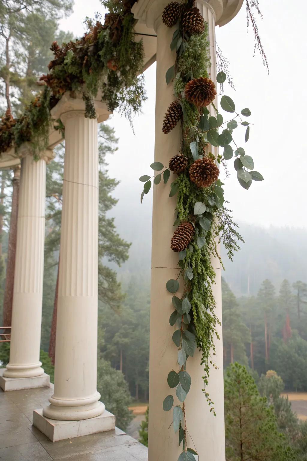 Natural elements bring organic beauty to these festive columns.