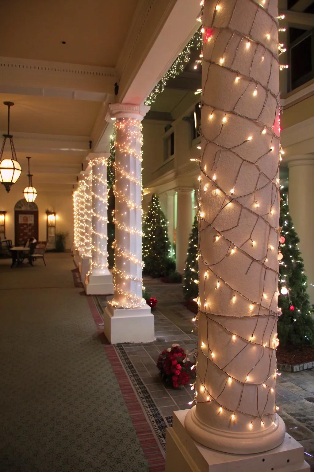 Columns aglow with twinkling lights, perfect for holiday evenings.
