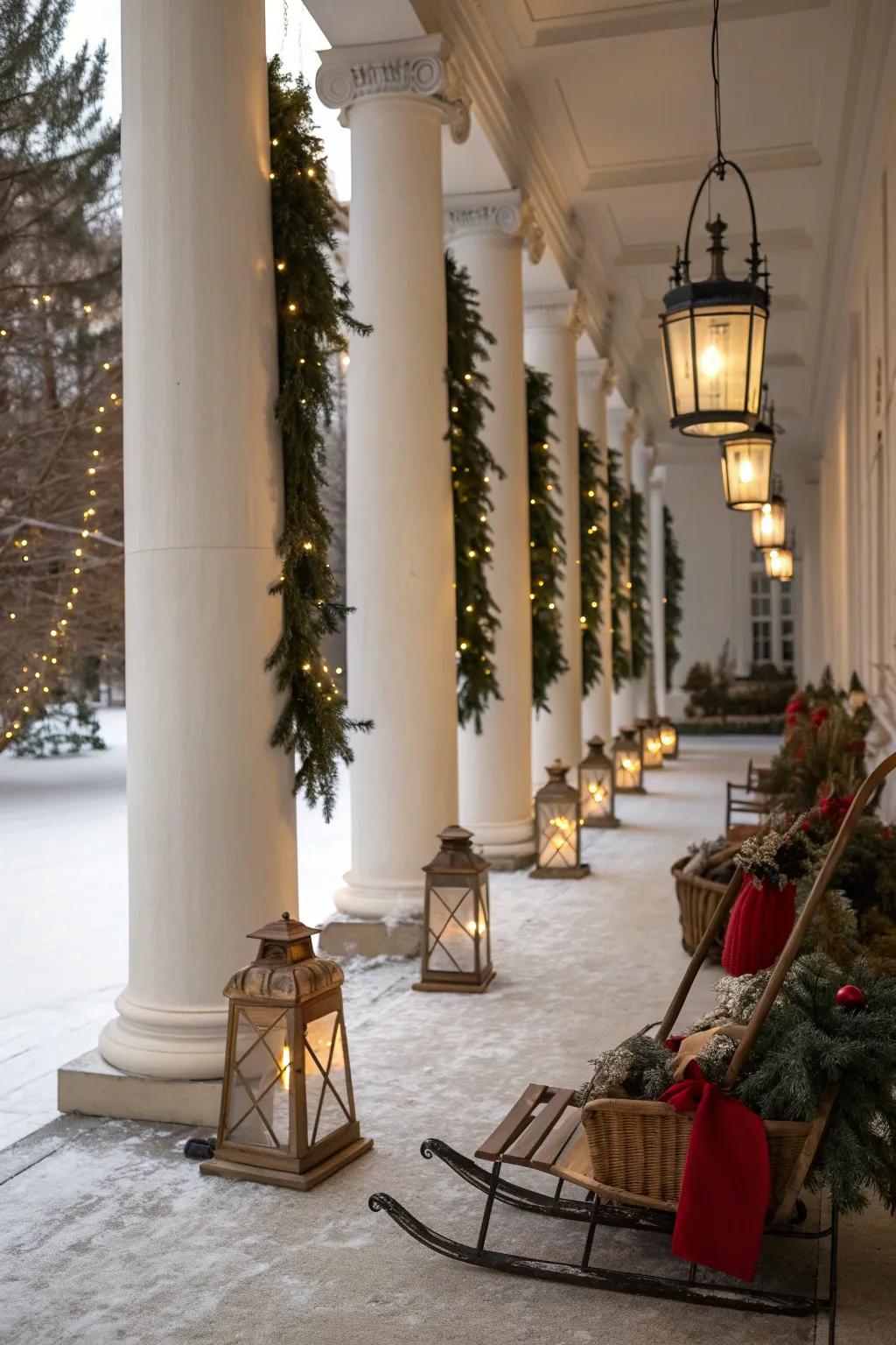 Vintage elements add warmth and nostalgia to these festive columns.