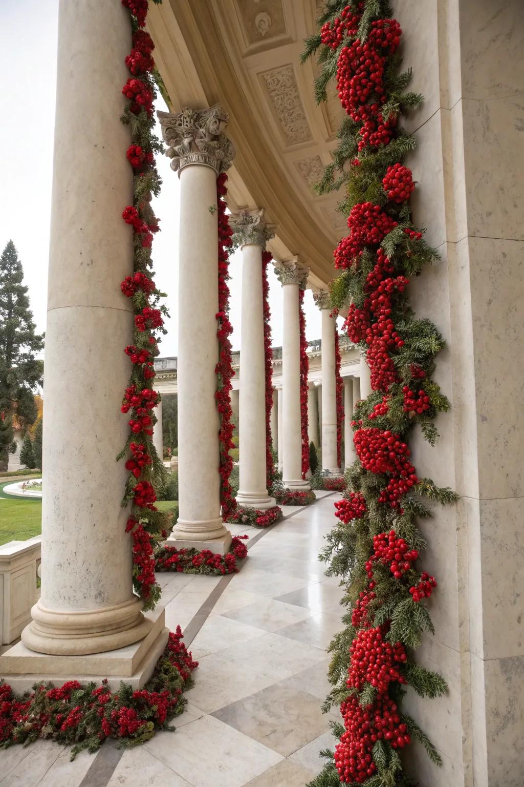 Red berries add vibrant color to these festive columns.