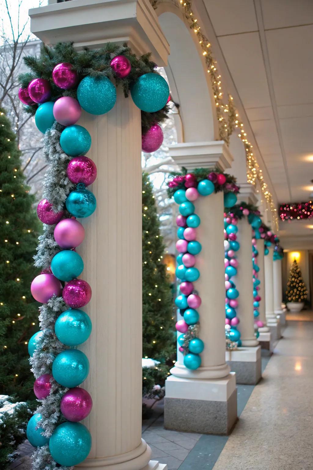 Bright colors offer a modern twist to these holiday columns.