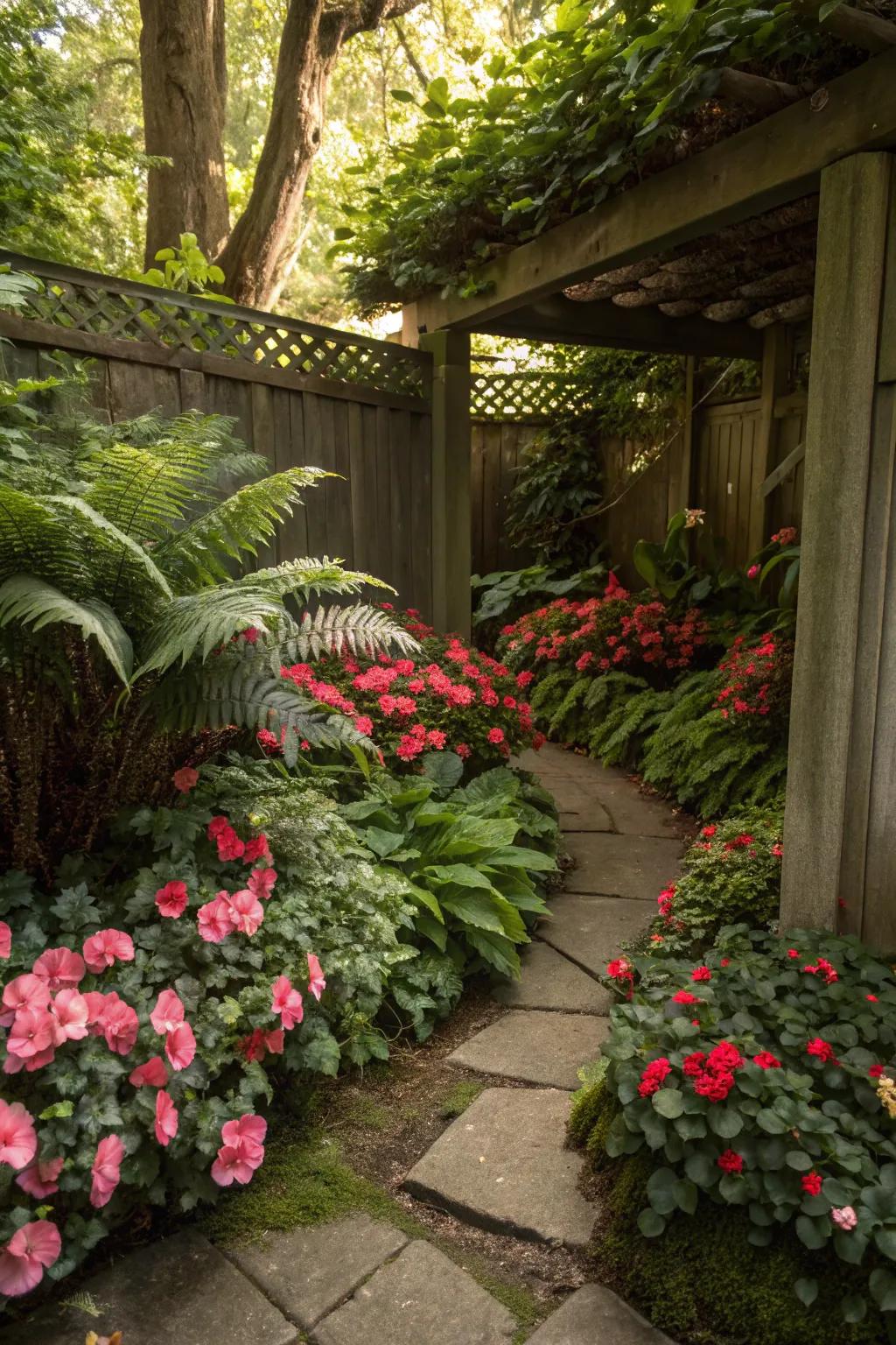 Companion planting with ferns brings depth and texture to begonia arrangements.