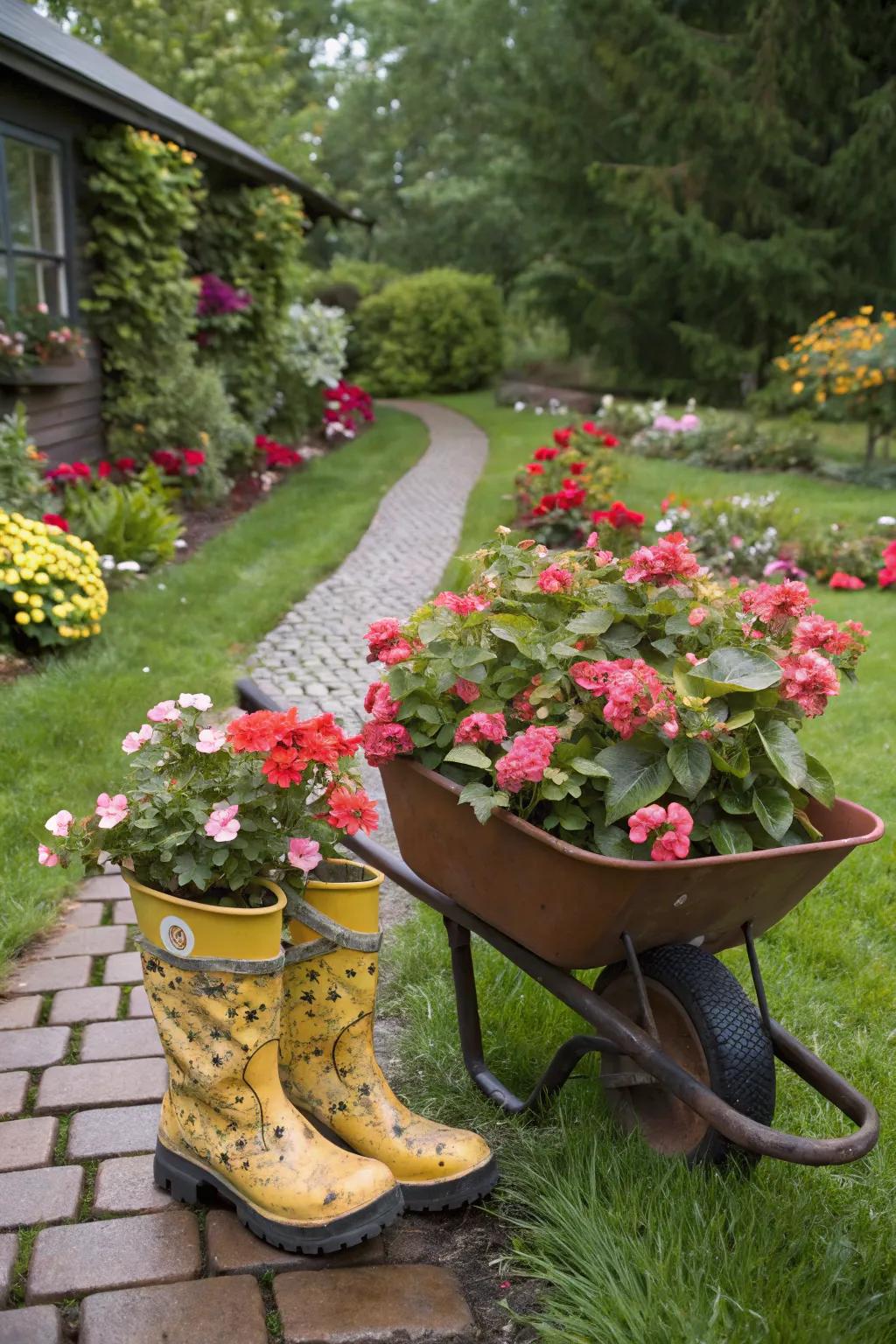 Repurposed items create quirky and personalized begonia displays.