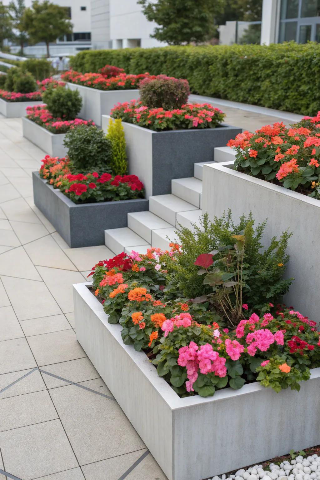 Geometric planters provide a modern edge to traditional begonia displays.