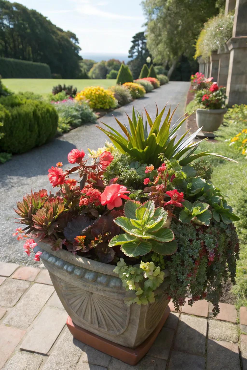 Surprising pairings of begonias and succulents create unique garden displays.